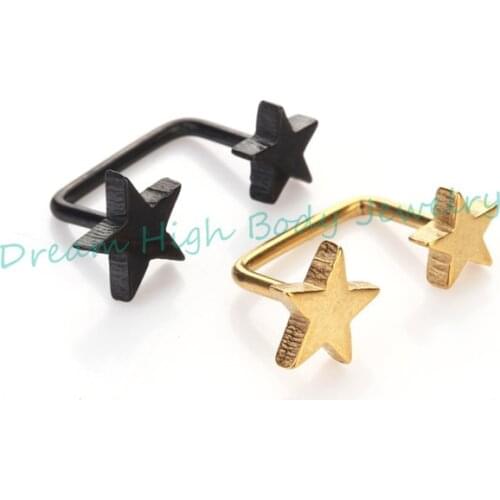Double Five Star Gold Black Earring Connection Ear Stud Pendant Body Piercing Jewelry For Girl Women Straight 90 Degree New Ring