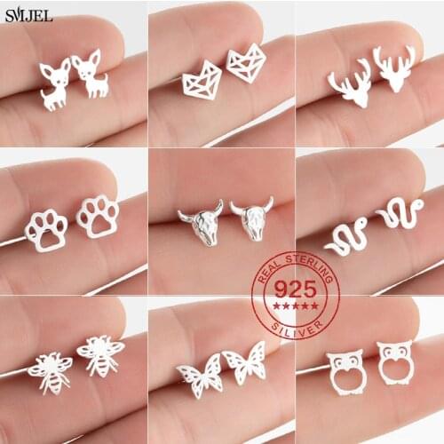 925 Sterling Silver Small Animal Stud Earring for Women Fashion Snake Fox Hedgehog Dinousar Cat Bee Earring Dog Paw Ear Jewelry