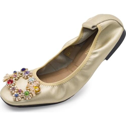 169-10 Golden Genuine Leather Rhinestone Jewelry Flats Womens Loafer Shoes Female Footwear Nigeria Ballet Banana Shoes