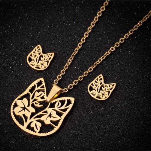 Oly2u Creative Cat Ear Head Decorated with Charm Leaf Flower Necklaces Jewelry Sets for Women Girls 2019 Stainless Accessories