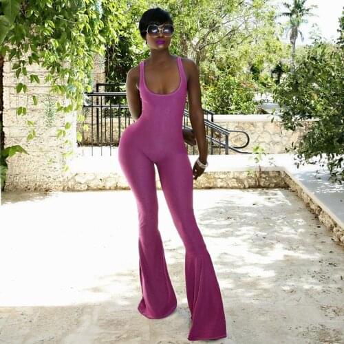 2018 Elegant Purple Summer Knitted Long Flare Pants Jumpsuits Sexy Backless Sleeveless New Women Playsuits Chic U Neck Overalls