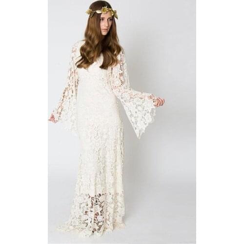 V-neck Sheath Full Lace Simple Wedding Dress Long Sleeve Zipper Back Floor Length Flare Sleeves Bridal Gowns vestidos blancos