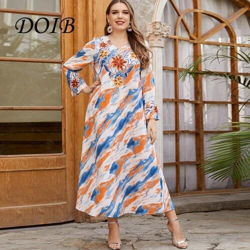DOIB Women Emboridery Abaya Robe V Neck Maxi Dress Long Sleeve Vintage National Style 2021 Summer Muslim Dress