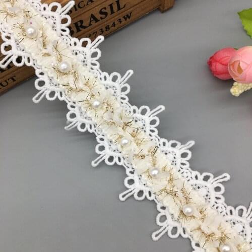 1 Yard White Cotton Pearl Beaded Gold Lace Trim Ribbon Applique Sewing Craft Crochet Fabric Trimmings Vintage Wedding Dress