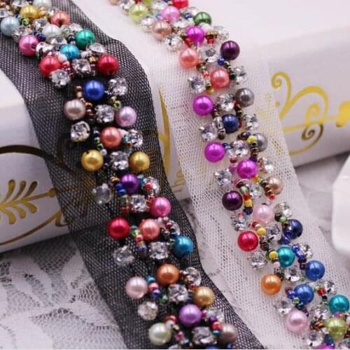 10Yards Colorful Beads Lace Collar Rhinestone Mesh Ribbon Appliques Sewing Crafts For Clothes Hats Wedding Dress Accessories