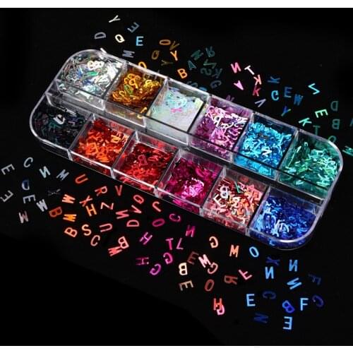 12 Grids Laser Letter Nail Sequins Glitter Flakes Holographic Paillette Iridescent Decoration 3d Nail Art Sequins Nail Art