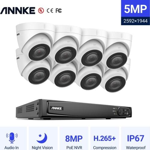 ANNKE 5MP H.265+ 16CH PoE Network Video Security System 8pcs 2.8mm Lens IP67 Outdoor POE IP Cameras Plug & Play PoE Camera Kit