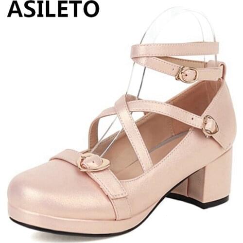 ASILETO New 2021 Ladies Pumps Round Toe 4cm Block Heels Buckle Non-Slip Heart Cute Sweet Japanese Lolita Big Size 43 S2128