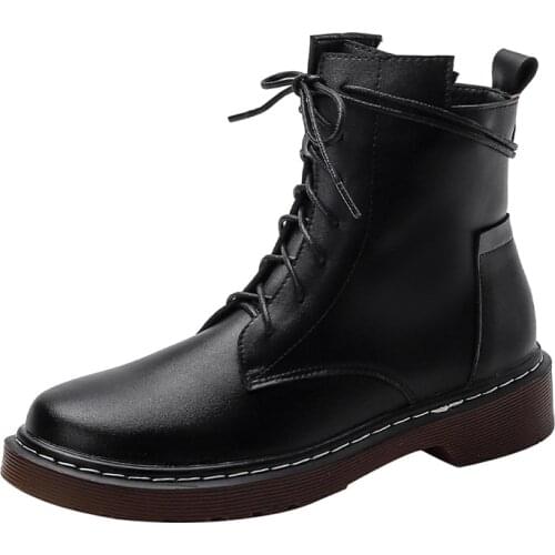 Fashion Women Leather Snow Black Boots Autumn Winter Motorcycle Shoes with Warm Vintage Classic Female Military Brown Booties