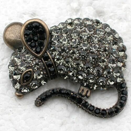 Antique Bronze Jet Black Rhinestone Mice Mouse Pin brooches C933 H4