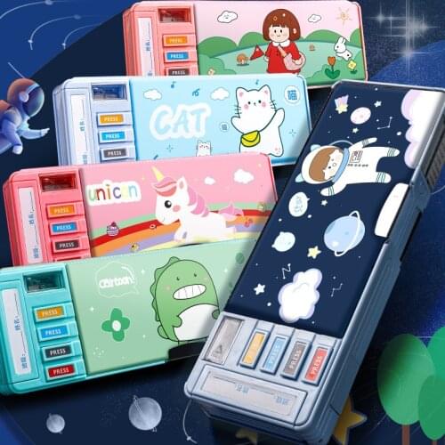 Single Double Layer Cartoon Pattern Pencil Case With Sharpener Large Capacity Cute Stationery Box Office School Storage Pen Bag