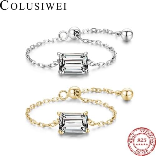 Colusiwei Luxury 925 Sterling Silver Emerald Cutting Rectangle Ring for Women Adjustable Link Chain Ring Wedding Party Jewelry