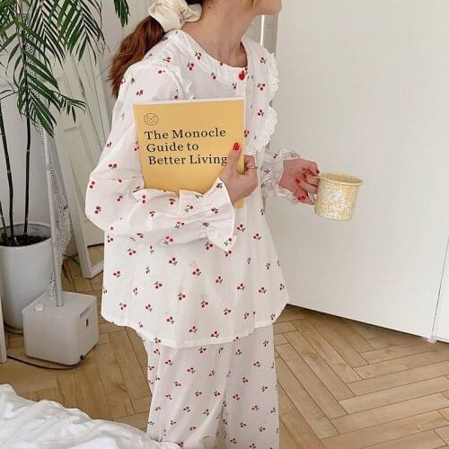 Ruffles cherry flare sleeve homewear 2 piece set white lacework long sleeve pullovers pants sleepwear pajama women trousers Y962