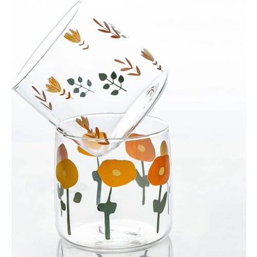 Creative Glass Coffee Flower Tea Juices Milk Cola Beer Glass Cup 350ml Printing Home Kitchen Office Heat Resistant Drinkware