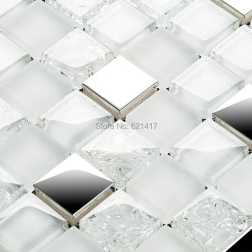 Square white and clear ice crackle glass mixed stainless steel metal mosaic tiles kitchen backsplash mosaic bathroom shower