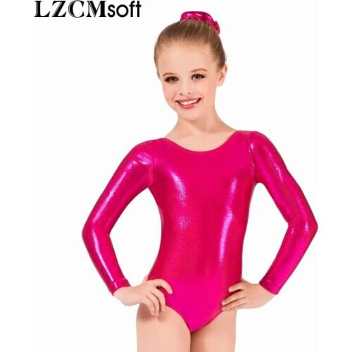 LZCMsoft Girls Long Sleeve Silver Leotards Shiny Metallic Gymnastics Leotards One Piece Kids Ballet Dance Performance Costumes
