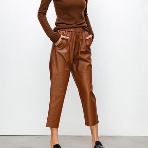 Fashion Women Luxury Genuine Trousers Loose Sheepskin Female Natural Real Leather Wide Leg Harem Pants Streetwear