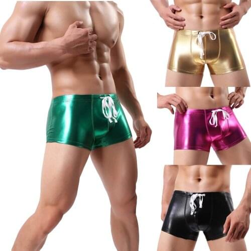 Mens Bright Leather Swimming Trunks Beachwear Underwear Surf Boardshorts Sexy Boxer Gay Solid Reflective Dropship#0422