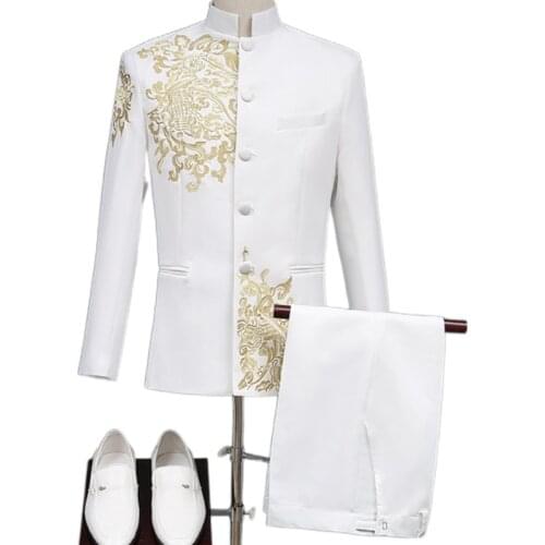 Mens stand-up collar Chinese embroidery Zhongshan two-piece fit suit / Mens Zhongshan sports jacket trousers trousers 2 pieces
