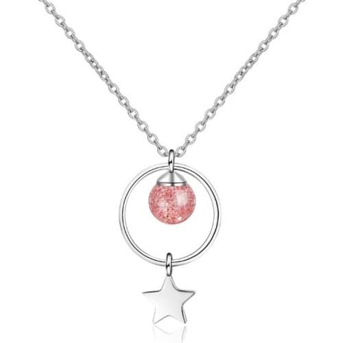 New Fresh And Lovely Five-pointed Star Circle 925 Sterling Silver Jewelry Sweet Strawberry Pink Crystal Pendant Necklaces H421