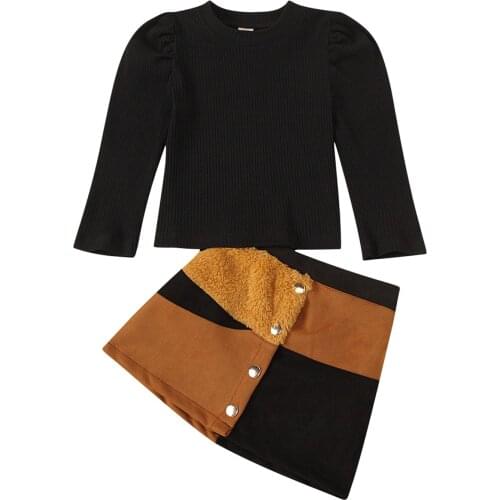 1-8Y Fashion Kid Baby Girl Clothing Black Solid Puff Long Sleeve Sweater Top+Fur Patch Button A-link Skirt Winter Fall 2pcs