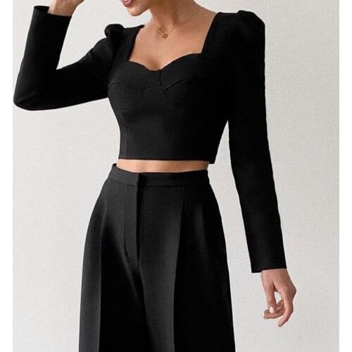 2021 Sexy Slim Navel Bare Square Collar Lantern Sleeve Solid Color Top Womens High Waist Loose Wide Leg Trousers Two-Piece Set