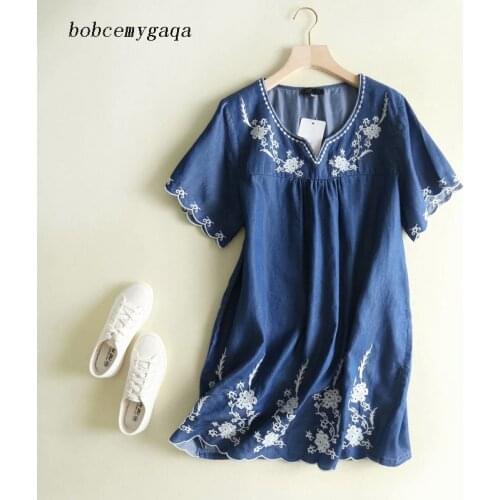 Loose Summer Denim Dress Women Blue Embroidery V Neck Short Sleeve High Waist Floral Soft Jeans Shirt Dress Vestido Mujer