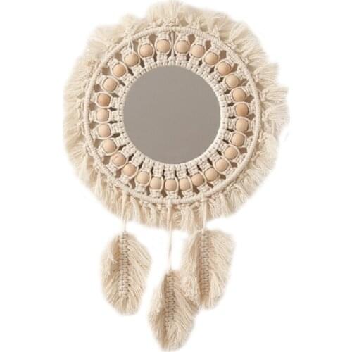 Woven Hanging Wall Mirror Boho Macrame Leaf Pendant Art Decoration for Apartment Living Room Bedroom Baby Nursery F19B