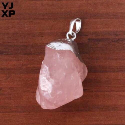YJXP Irregular Shaped Rock Stone Pendant Silver Plated Rose Quartzs Amethysts Reiki Connector for Necklaces Women Charms Jewelry