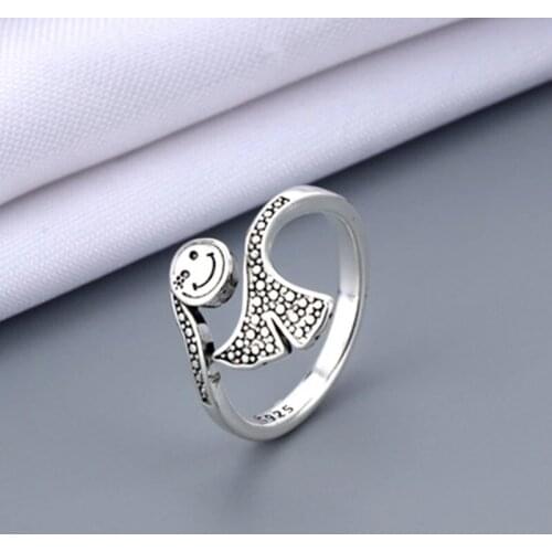 Vintage Ancient Silver Color Happy Smiling Face Open Rings for Women Punk Hip Hop Adjustable Ring Fashion Jewelry Best Gift