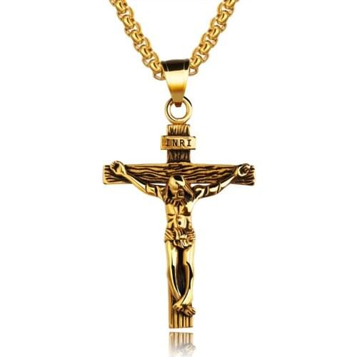 Vintage Punk Cross Pendant Necklace For Men Retro gold/steel/ Gold Color Stainless Steel Box Link Chain Male Jewelery Gift