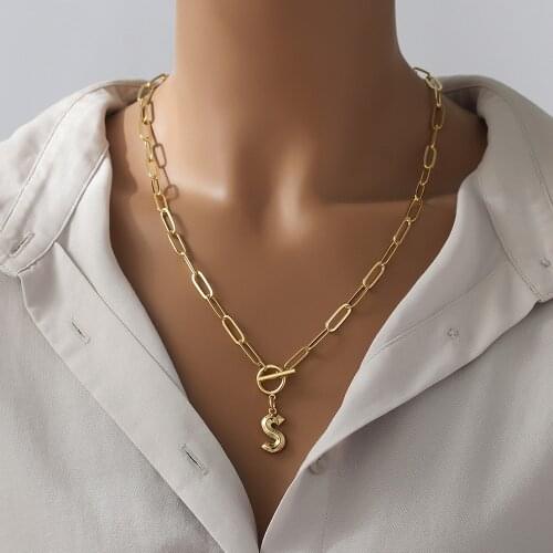 Toggle Clasp Letter Initial Necklace Hip-Hop Gold Color A-Z Alphabet Pendant Necklaces Thick Chain OT Buckle Necklace Women