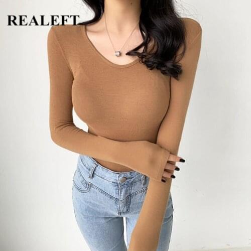 REALEFT 2021 New Autumn Winter Bottoming Womens T-Shirts Long Sleeve Sexy O-Neck Knitwear Shirts Solid Female Chic Slim Tops