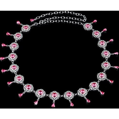Women Water Drop Flower Diamante Red Gem Crystal Rhinestone Waist Chain Belt