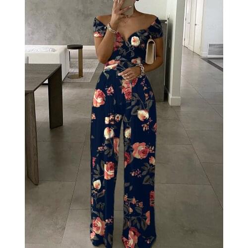 2021 Women Casual Floral Print Short Sleeve Wide Leg Jumpsuit Lady Casual Clothing