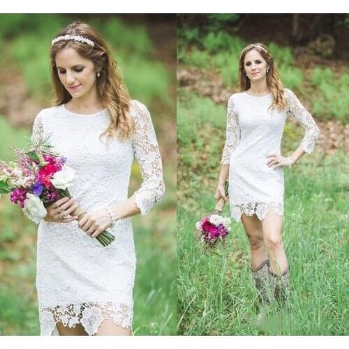 Elegant Full Lace short Wedding Dresses With Long sleeves Knee Length Country Garden Wedding Bridal Gown Vestido De Noiva