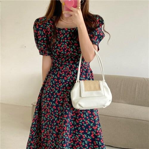 Alien Kitty Summer Square Collar Long Dresses Printing Cherry Sweet OL Women Robe Femme Hot Autumn Full Sleeve Office Lady Loose