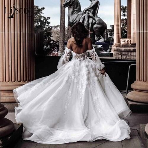 Romantic 3D Flower Wedding Dresses With Puff Full Sleeves A-line Off The Shoulder Beaded Bridal Gowns Vestidos De Novia