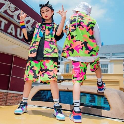 2021 Childrens Hip Hop Clothes Girls Boys Trendy Fluorescent Camouflage Vest Pants Street Dance Costume Rave Outfits DNV14913