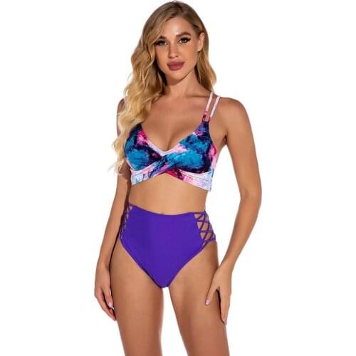 2021 New Fashion Ladies Swimwear Sexy Cross Strap High Waist Split Tie-dye Printed Beach Bikini