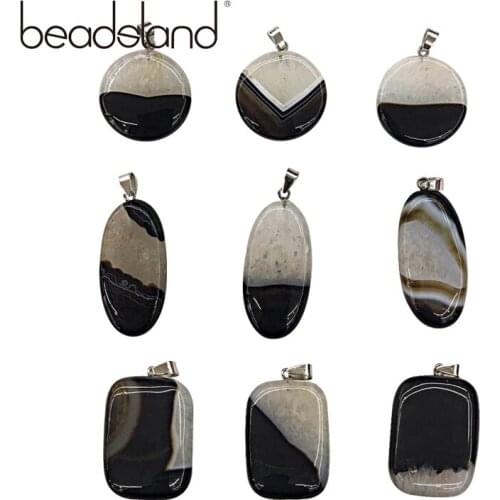 Beadsland Natural Stone Semiprecious Stone Black Pendant Round Rectangle Oval Shapped Pendant Necklace For Women 38603