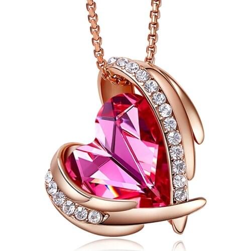 COCOM Romantic Angel Wing Pendant Love Heart Necklace with Pink Austrian Crystal Rose Gold Plated Jewelry Gift for Anniversary