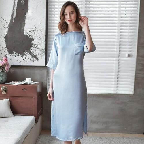 100% silk satin 19m/m elegant lady dress, girl delicate silk skirt with pocket sashes,sexy slit blue pink sleepwear dress women
