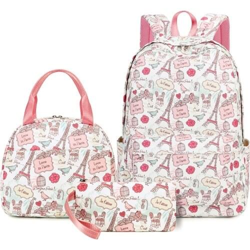 3Pcs Eiffel Tower Primary Middle High School Laptop Backpack Set with Lunch Bag Womens Canvas Casual Daypack Rucksack Mochila