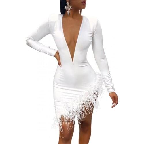 Long Sleeve Short Dresses Elegant Dresses for Women Ladies' Feather Mesh Stitching Sexy Dress Woman Party Dresses