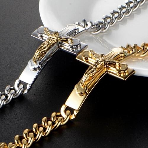Cross Charm Mens Bracelet Chain Crucifix Jesus Christ Curb Cuban Link Stainless Steel Gold Bracelets for Men 20.5cm