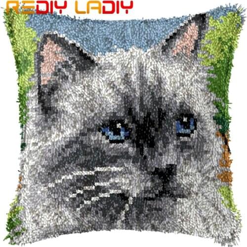 Latch Hook Cushion Animals Cat Pillow Case Pre-Printed Color Canvas Acrylic Yarn Latched Hook Pillow Crochet Cushion Cover Kits
