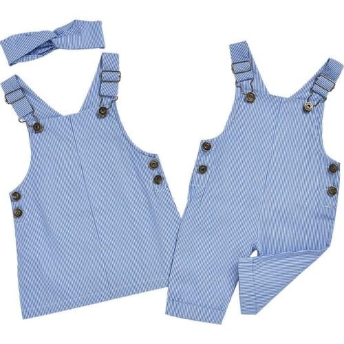 Big Sister Little Borther Summer Matching Clothes Outfits Family Look Dress with Headband Overalls Rompers For Baby Girl Boy