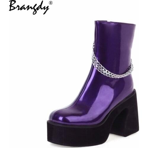 Brangdy 2022 Hot Sale Women Ankle Boots Chunky Platform PU Women Shoes Metal Chain Square Toe Zipper Women Winter Boots With Fur