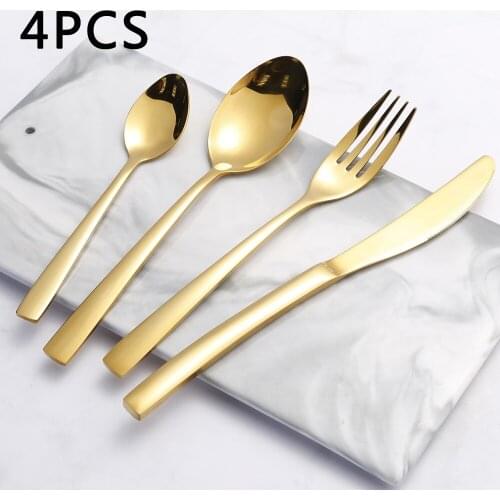 4PCS Gold Flatware Set Cutlery Set Tableware Dinnerware Stainless Steel Mirror Polishing Western Kitchen Forks Spoons Knives